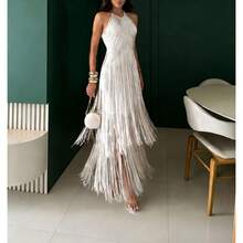 Party Party Temperament Neck Fringed Long Dress Dress Dress - 白色 - 查看 3