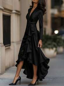 Black Satin Wrap Maxi Dress: Long-Sleeve Ruffled High-Low Gown For Formal Evening Events & Elegant Cocktail Parties - 黑色 - 查看 1
