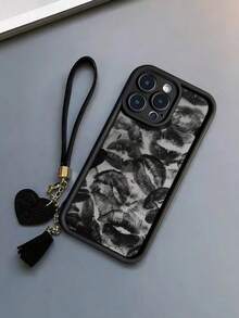 新款高端质感加厚防摔唇纹手机壳，配可拆卸皮革心形腕带，DIY手机挂饰，短款腕带 - 彩色 - 查看 1