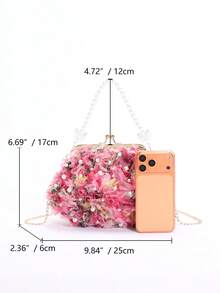 2026春夏白色浪漫婚礼季粉色手工3D彩色蕾丝贴花手拿包，珍珠装饰，奢华女士正式礼服派对新娘手提包，适用于婚礼、宴会（花朵位置可能有所不同，并非质量问题，请谨慎购买） - 粉色 - 查看 3