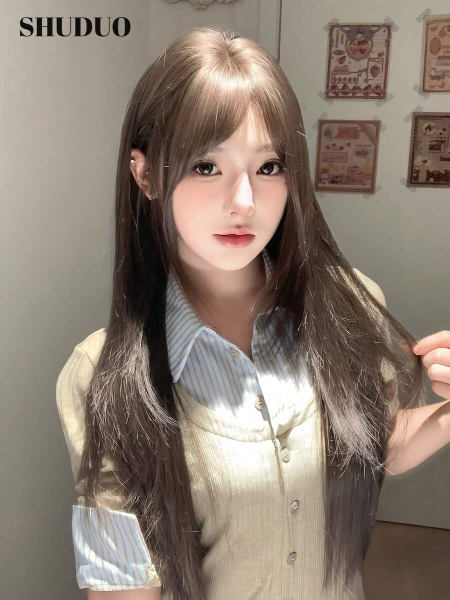 alicegarden 1pc Synthetic Heat-Resistant Straight Brown Wig, Fiber Material, Suitable For Daily Wear, Natural And Realistic (Accessories Not Included) - Brown - View 1