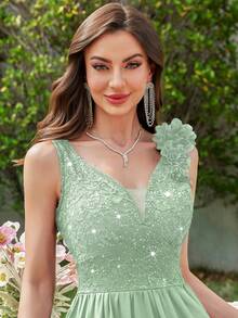 MIUSOL Đầm dự tiệc cocktail dáng xòe bằng chiffon, không tay, cổ chữ V sâu, đính sequin và ren hoa, viền bèo nhún. - Màu xanh Bạc hà - Xem 11