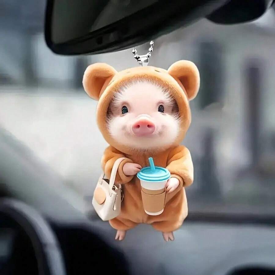 1pc Cute Pig Acrylic Keychain Pendant, Adorable Cartoon Pig Charm With Coffee Cup, Suitable For Car Interior, Backpack Accessories, Fashionable Acrylic Hanging Decor, Can Hang On Keys And Bags
