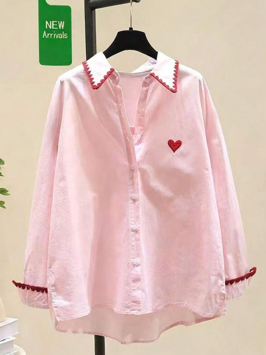 Women's Spring/Summer Heart Embroidery Front Button Front Short Back Long Casual Pink Shirt - Pink - View 1