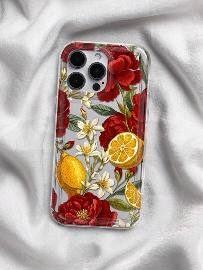 Lemon Red Peony Print Clear Case Compatible With IPhone 13/11/17/17pro/16/14/15/15pro/15 Plus/15 Promax/7plus/8plus/X/Xs Max/Xr/11pro/12pro/13pro/14pro/12mini/13mini/11promax/12promax/13promax/14promax/14plus/17pro Max/17Air/6/6s Plus/7/8/16Pro/16plus/16promax/Se2/17promax&Compatible With Samsung Galaxy/A54/A14/A12/A13/A15/A32/A33/A24/A52S/S20/S21/S22/S23/S24/S23Plus/S24ultra/S25/A15/A33/A23