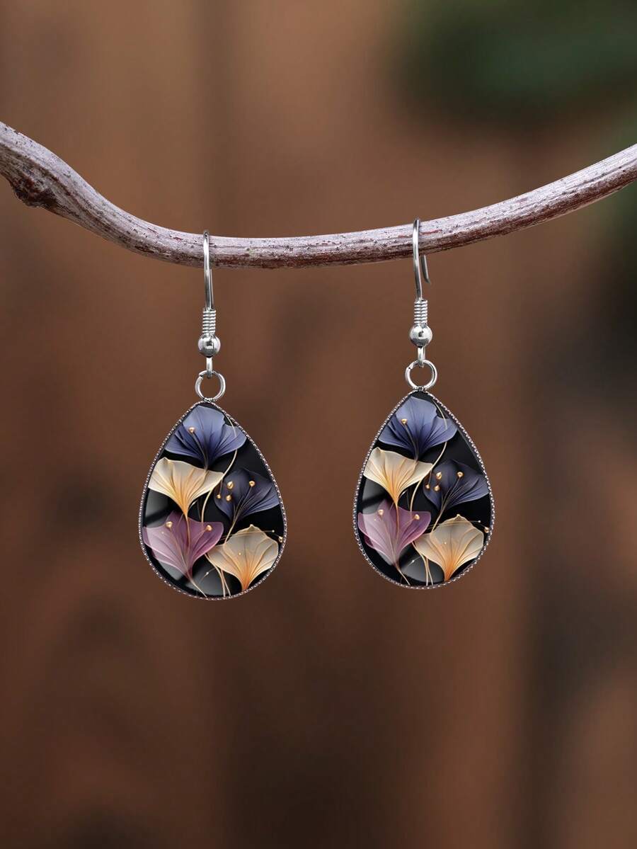 1 par de pendientes con diseño floral de acero inoxidable 316 con forma de lágrima, estilo minimalista vintage adecuado para uso diario y regalos de mujer, joyas minimalistas elegantes apropiadas para uso diario y vacaciones de la mujer - Plateado - Ver 1