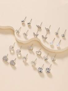 Bộ 12 đôi bông tai đính đá và ngọc trai giả hình bướm và trái tim tinh tế, độc đáo, sự kết hợp tuyệt đẹp dành cho phụ nữ đeo hàng ngày hoặc dự tiệc. - Bạc - Xem 3