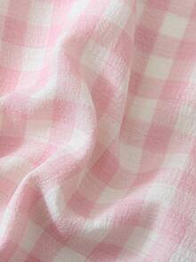 2pcs/Set Plus Size Women's Comfortable Pink & White Plaid Print Single-Breasted Lapel Short Sleeve Top And Shorts Pajama Set, Suitable For Home Use, Spring/Summer, Outfits