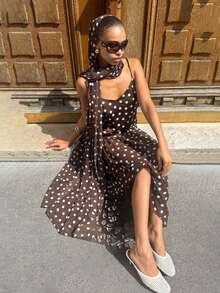 Women's Elegant Polka Dot Sleeveless Dress & Scarf Party - Brown - View 1