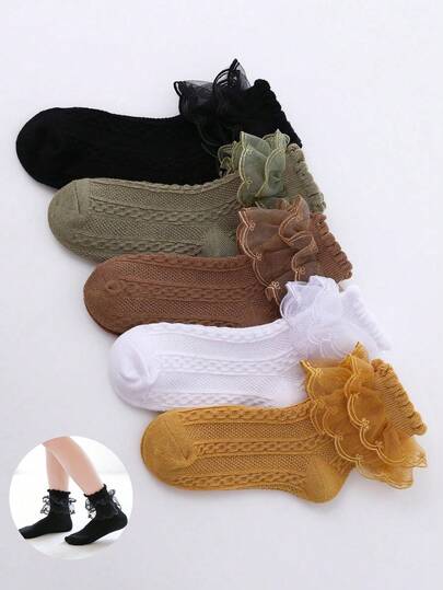 5 Pairs Girls/Children's Solid Color Mesh Short Socks, Vintage Braided Decor, & Versatile, Soft & Comfortable Princess Style, Suitable For Dance Performance, Home Leisure, Birthday Party, School Outfit, Lightweight & Breathable With Lace Ruffle Trim