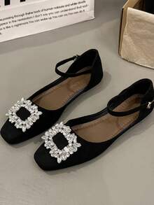 2026 New Spring Rhinestone Decor Square Toe Flat Mary Jane Shoes For Women, Office Wear - Black - View 4