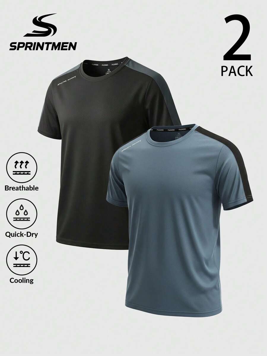 Bộ 2 áo thun nam tay ngắn cổ tròn phối màu tương phản, áo thun thể thao nam dành cho tập luyện thể dục, chất liệu mềm mại thoáng khí, có thể giặt máy, phù hợp cho tập gym mùa hè, chạy bộ, mặc hàng ngày, tập thể dục ngoài trời. - Nhiều màu - Xem 1
