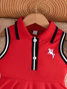 女童休闲条纹领刺绣连衣裙，户外运动简约女童连衣裙，夏季 - 紅色 - 查看 3