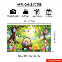Un lienzo de terciopelo con diseño vibrante de primavera con un conejo de Pascua, huevos, flores y mariposas, colgante de pared de poliéster, adecuado para pancartas de fiestas familiares, con varios escenarios y tamaños a elegir. - Multicolor - Ver 3