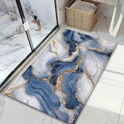 1pc Luxurious Blue Marble Pattern Design Microfiber Bath Rug, Non-Slip And Super Soft Bathroom Floor Rugs, Doormat, Bathroom Water Absorption Mat, Machine Washable, Low Pile, TPR Backing, Knit Fabric, ForBathroom, Bedroom, Kitchen, Entryway, Indoor & Outdoor Use, Bathroom Accessories & Decor, Perfect New Home Gift.