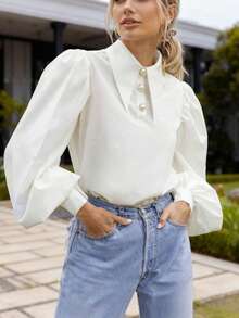 Plus Size Women Faux Pearl Button Puff Sleeve Top, Vintage Palace Style Lantern Sleeve Loose Blouse, Commuting & Date Wear Shirt Spring White - White - View 5