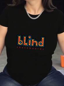 Women's Casual Short Sleeve T-Shirt - Soft And Breathable Polyester Blend, Quick Dry, Loose Fit, Bold 'Blind' Letter Print, Machine Washable, Suitable For Daily Outdoor Wear, Summer Clothes, Graphic Top, Lightweight Streetwear, Fashion Printed T-Shirt - 黑色 - 查看 9