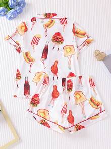 两件套白色底布面包、鸡腿、汉堡、爆米花、汽水拟人化食物印花女士睡衣套装，舒适短袖翻领纽扣衬衫搭配宽松弹力短裤，时尚百搭，适合户外、四季穿着及居家穿着。 - 白色 - 查看 7