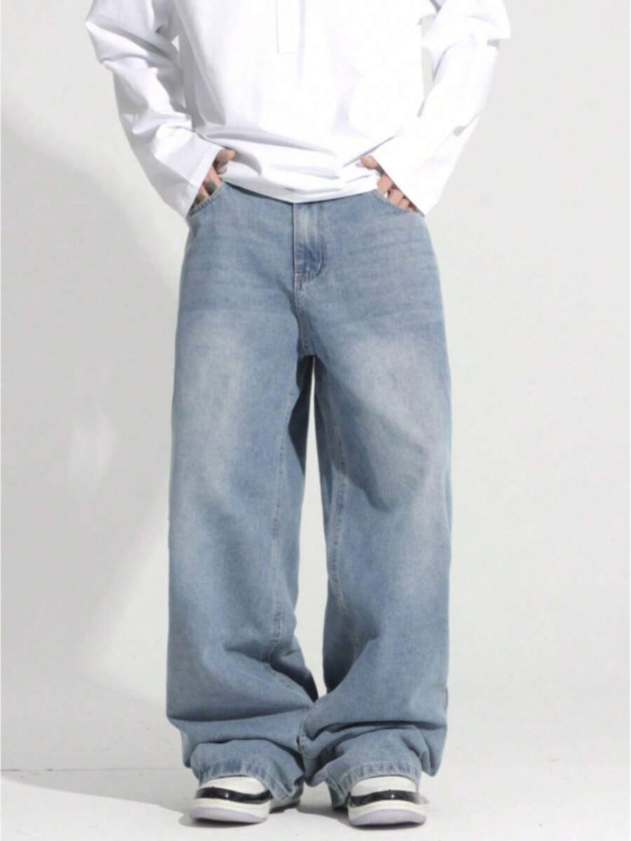 1 chiếc quần jean ống đứng dáng rộng, chất liệu denim bạc màu, thích hợp cho thanh thiếu niên. - Màu xanh nhạt - Xem 1