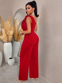 AIJ Amarilo Summer New Fashion Red Women's Ruffled Elastic Textured Jumpsuit - Wide Leg Pants With Pockets - Suitable For Valentine's Day/Outings/Cocktail Parties - Red - View 2