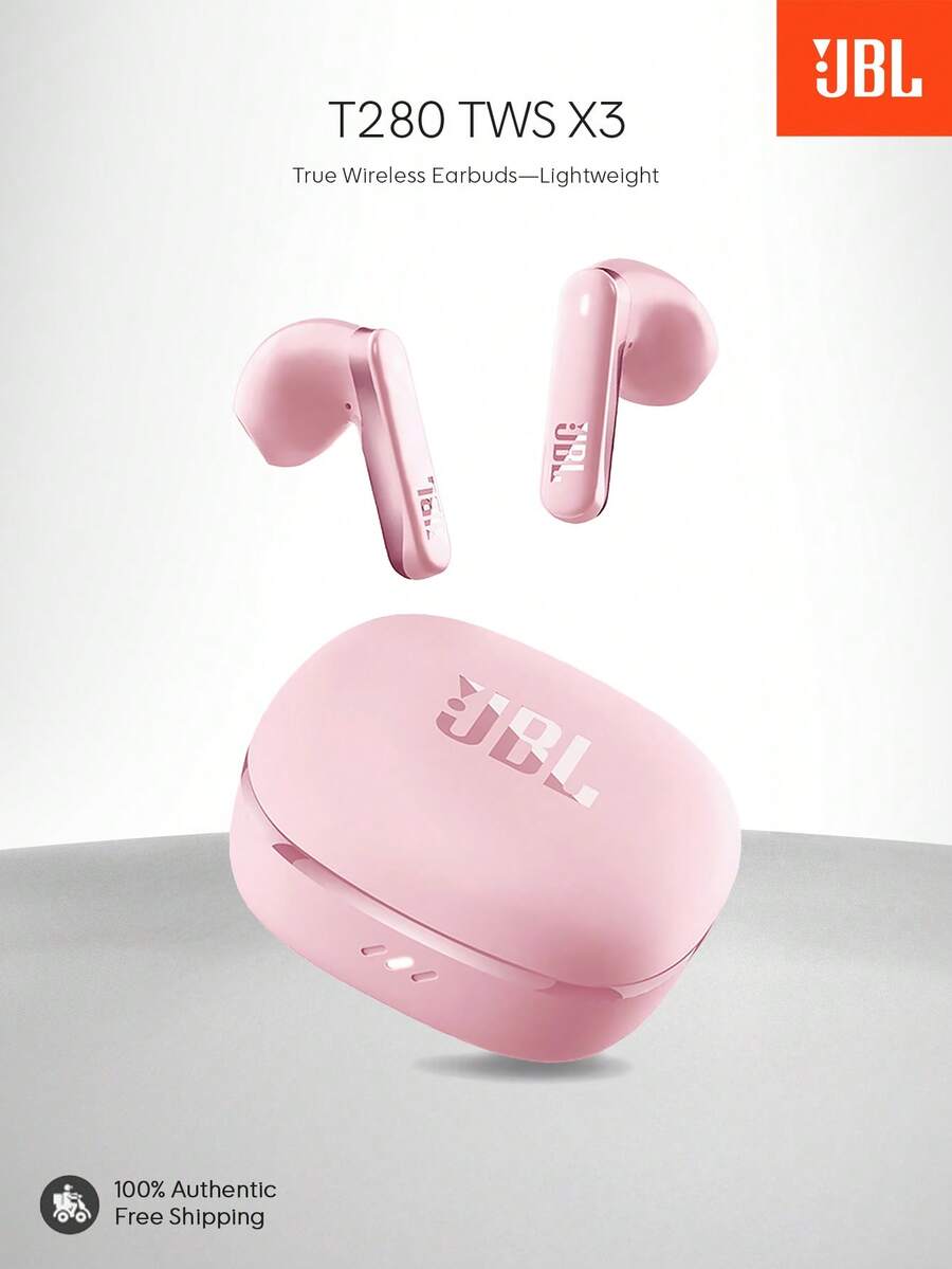 JBL T280TWS X3 真无线耳机，半入耳式设计，32 小时超长续航，ENC 通话降噪，触控操作，Hi-Fi 音质，配备 USB-C 无线充电盒，专为运动和游戏设计 - 粉色 - 查看 1
