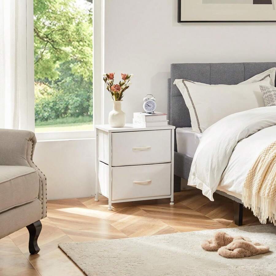 Sweetcrispy Nightstand With 2 Storage Drawers, 20" Height Small Bed Side Furniture End Table, Wooden Top Fabric Cabinet Kids Night Stand Mini Dresser For Bedroom, Closet, Entryway, College Dorm - 白色 - 查看 1