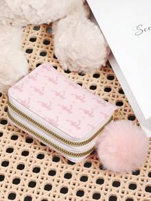 Avec un pompon, portefeuille polyvalent à motif nœud rose et amour, porte-cartes à double fermeture éclair, organisateur de cartes multi-cartes pour ranger les cartes de crédit - Rose bonbon - Voir 3