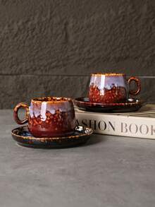 3 Styles Ceramic Coffee Cup & Saucer Set, Unique Crackle Glaze Finish, Suitable For Home, Gatherings, Housewarming, And Gift Giving - Multicolor - View 4