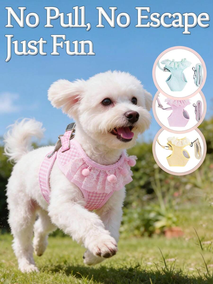1 Set/2 Pcs (Harness + Leash) Pet Supplies Dog/Cat Leash, Soft & Cute/Plaid/Lace Trim/Solid Color Pendant Design Harness Set, Anti-Escape, Adjustable, For Cats & Dogs - Multicolor - View 1