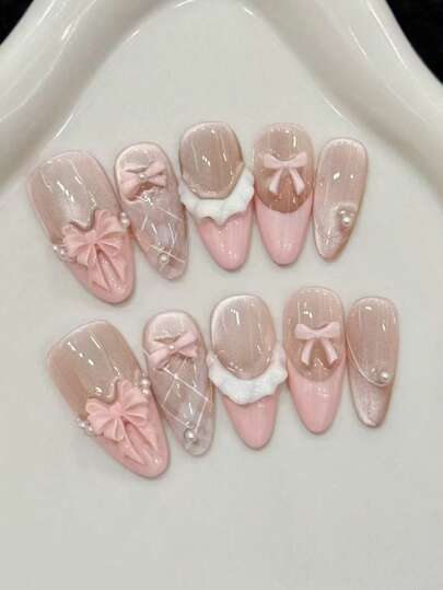 30pcs Almond-Shaped Cream Plaid Girly Pink French Faux Pearl Bow Cat Eye Nail Tips, Suitable For Daily, Work, Date Wear, Includes 1pc Jelly Glue + 1pc Nail File Nails Nail Supplies