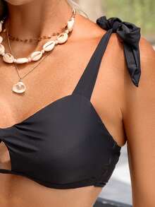 jeederkim Bikini negro elegante de dos piezas para mujer con tirantes ajustables, diseño calado y lazos laterales, adecuado para usar en la playa y de vacaciones - Negro - Ver 6