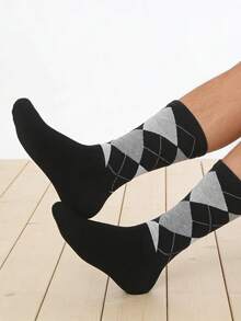 4/2/1 双装男士袜子，经典菱格纹英伦风加长男士中筒袜，商务男士袜子