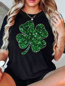 White T Shirt With Green Sequin Four Leaf Clover Design St Patrick's Day Costume Top Women Casual Fashion Shirt220g - 黑色 - 查看 4