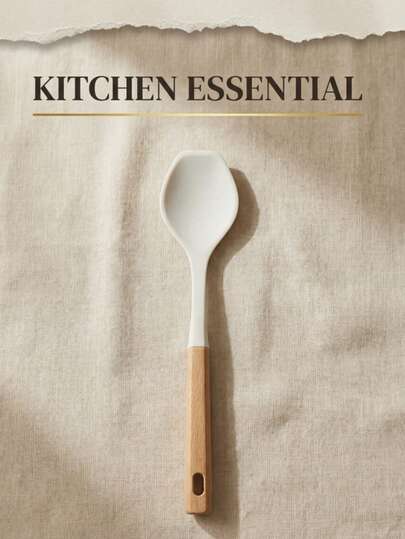 1pc White Silicone Flat Soup Spoon, Soft And Non-Damaging To Cookware, Suitable For Serving Soup, Porridge And Rice. The Spoon Body Is Made Of Silicone Material With A Heat-Resistant Wooden Handle, And Has A Hanging Hole For Easy Storage, Designed Specifically For Light Cooking In The Daily Kitchen.