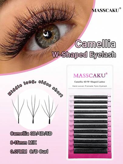 12Lines MASSCAKU 3D 4D 5D Camellia W Shaped Lashes Premade Fan Eyelash Extensions 8-15mm C D Curl Volume Self Fanning False Lashes Faux Mink Matte Black Cluster Lash Extensions