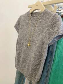 Women's Casual Round Neck Short Sleeve Ribbed Knit Top, Grey Sweater, Slightly Stretchy, Suitable For Everyday Wear, Spring/Summer - Grey - View 3