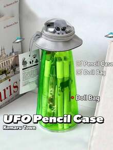 New UFO-Shaped Storage Jar Pencil With Transparent Green Alien Decoration, 4-Season Desktop Organizer Box, Fun UFO Spaceship Pen Bag, Transparent Funny Painbag Stationery Holder, Backpack Accessory (Without Hooks) 2UTI - s綠色 - 查看 6