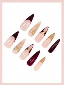 1 Bộ (24 miếng) Miếng dán móng tay hình hạnh nhân dài kiểu Pháp, thiết kế đầu móng màu đỏ và vàng, trang trí nơ 3D và ngọc trai giả hình ngôi sao, phong cách cổ điển, độ bóng cao, che phủ toàn bộ, phù hợp cho phụ nữ và bé gái sử dụng hàng ngày, phụ kiện trang trí móng tay ngày Valentine. - Nhiều màu - Xem 3