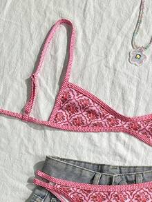 Conjunto de 2 piezas de bikini con estampado floral rosa, tirantes y espalda descubierta, traje de baño sexy y retro de dos piezas para mujeres, perfecto para la playa, fiestas en la piscina y vacaciones de verano - Rosa - Ver 3