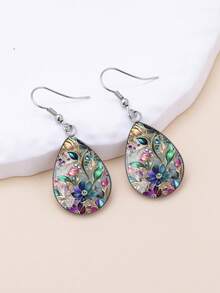 1 Pair Colorful Floral Pattern With 316 Stainless Steel Teardrop Earrings, Vintage Minimalist Style Suitable For Women's Daily Wear And Gifts, Elegant Minimalist Jewelry Earrings Suitable For Women's Daily And Holiday Wear - Silver - View 6