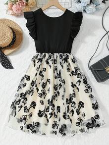 Girls' Fashion Ruffle Sleeve Summer Dress, With Butterfly Sheer Overlay, Ruffle Sleeves, Cool Soft Solid Vertical Striped Ruffle Sleeve Contrast Flocked Butterfly Mesh Princess Dress, Suitable For Casual Daily, Birthday, Outing, Party - Black - View 2