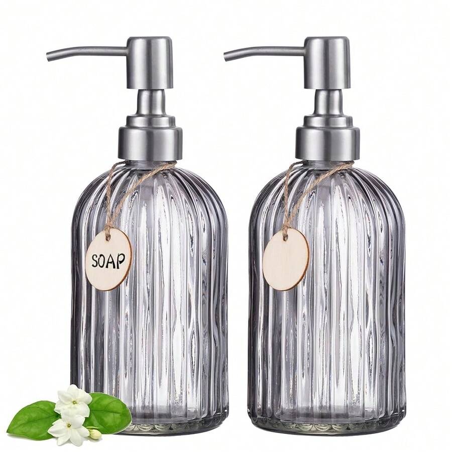 HBlife 2 Pack 16 Oz Glass Soap Dispenser With 304 Rustproof Stainless Steel Pump, Vertical Stripe Kitchen Bathroom Refillable Liquid Container For Hand Soap, Lotion (Grey) - 圖案灰 - 查看 1