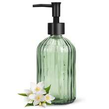 Topsky Glass Soap Dispenser With Black Plastic Pump, 400ml Liquid Hand Soap Dispenser, Rustproof Pump For Kitchen & Bathroom, Great For Lotions, Essential Oil, Liquid Soaps (FArmyss Green) - 條紋綠 - 查看 1