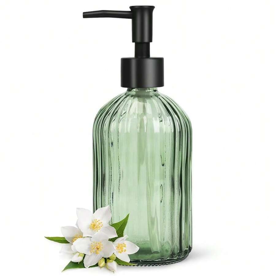 Topsky Glass Soap Dispenser With Black Plastic Pump, 400ml Liquid Hand Soap Dispenser, Rustproof Pump For Kitchen & Bathroom, Great For Lotions, Essential Oil, Liquid Soaps (FArmyss Green) - 條紋綠 - 查看 1