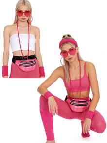 Set de 10 accesorii sport retro anii '80, inclusiv geantă de talie, bandă de susținere, bandă de încheietură, jambiere, ochelari, cercei, colier, potrivit pentru femei care participă la petreceri tematice anii '80, evenimente cosplay și baluri mascate, costum de Ziua Îndrăgostiților - Roz fierbinte - Vizualizare 5
