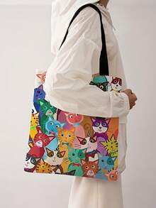 2个可折叠手提袋，可爱猫咪印花 - 轻便涤纶材质，适合旅行、通勤和购物 - 时尚女士手提包，带提手，旅行手提袋，大容量可重复使用帆布沙滩包 - 彩色 - 查看 2