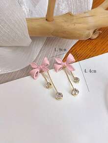 1 Pair Pink Bow Tassel Rhinestone Earrings, Suitable For Sweet Girls, Suitable For Children To Wear - Pink - View 4