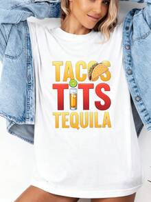 New Spring/Summer 2026 Fashion Short-Sleeve T-Shirt, Made In Mexico, 200g. 100% Cotton. Fun Graphic Tee With A Taco And Tequila Design, Cartoon Print, Suitable For Couples, Perfect For Layering Or Wearing Alone. Crew Neck, Versatile And Unisex. Suitable For Both Office And Casual Occasions. Individually Packaged. The Perfect Short-Sleeve T-Shirt For Summer. - 白色 2 - 查看 2