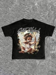 Tween Girl Cotten Clothes,Y2K-Inspired Letter Print T-Shirt - Casual Crew Neck, Short Sleeve, Machine Washable - Perfect For Spring/Summer/Fall,Fashion, Streetwear, Unisex, Men, Women - 黑色 - 查看 2