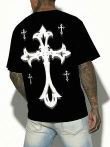 Men's Stylish Cross Print Casual Short Sleeve T-Shirt - Black - View 1